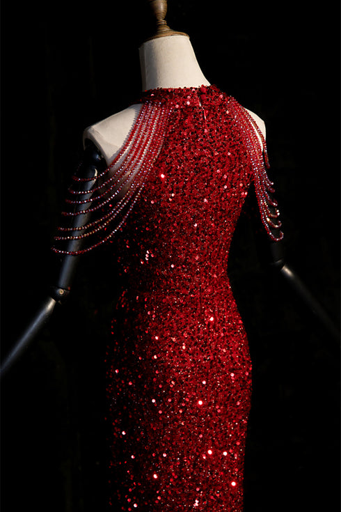 Wine Red Sequins Halter Mermaid Floor Length Party Dress, Wine Red Sequins Long Prom Dress